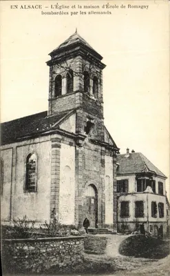Igreja e casa da Escola de Romagny — bombardeadas pelos alemães — H. Schmitt & Cie, em Belfort