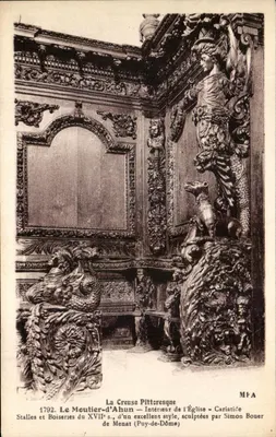 Le Meutier-d'Ahun — Interior da Igreja — Cadeiras e Madeiraria do Século XVII, esculturas de Simon Bouer