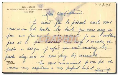 Bilhete postal antigo Argel O Palácio de Verão Do Governador Geral Argélia — Verso