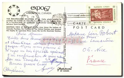 Wystawa 67 — Zastrzony widok pawilonu Indian Kanady i wieżowca w Montrealu — Plastichrome of Canada — Rewers