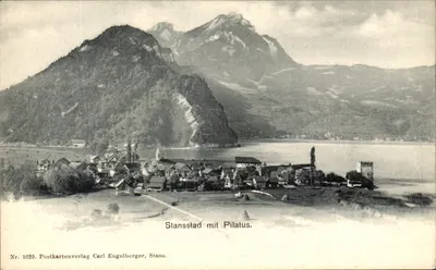 Stansstad com Pilatus — vista do lago com o Pilatus em segundo plano — Postkartenverlag Carl Engelberger, Stans, n° 1029