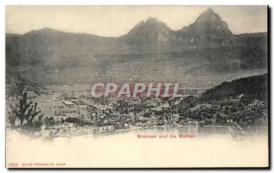 Fonte e as mitologias — vista panorâmica lacustre com montanhas — Edição Photurlob Co. Zurique, n° 863