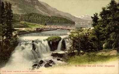 St. Moritzer See und Innfall (Engadina) — vista do lago e da cascata — Editor: Comptoir de Phototypie, Neuchâtel (Suíça), n° 856