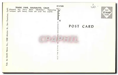 Embarcação de ferry 'Berkeley' — Feira comercial, Sausalito, Califórnia — Publicado por Smith News Co., 1338 Mission St., San Francisco, Califórnia — Verso
