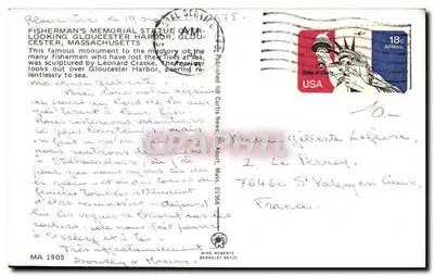Estatua do pescador em Gloucester — monumento comemorativo — Curtis News, n° 1366 — Verso