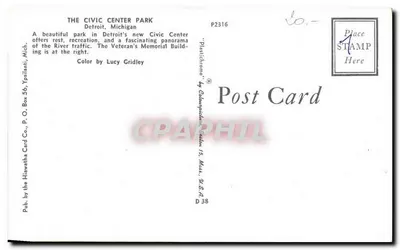 Civic Center Park — Detroit, Michigan — Pub. by the Hiawatha Card Co. — Verso