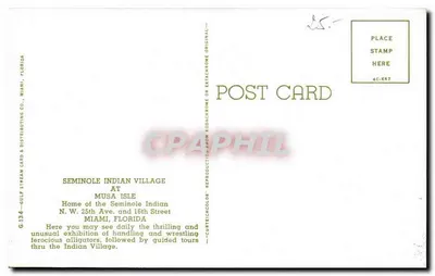 Vila Indiana Seminole — Musa Isle — Gulf Stream Card & Distributing Co. — Verso