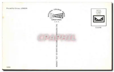 Piccadilly Circus — Londres — The Photographic Greeting Card Co. Ltd. n°1316 — Reverso