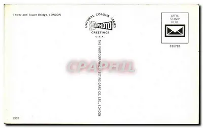 Torre de Londres y Puente Tower — serie Natural Colour — editor The Photographic Greeting Card Co. Ltd., Londres, n° C16792 — Reverso