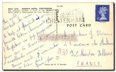 Queen's Hotel, Cheltenham — Jardim colorido — editor Colour By W. R. Bawden, n° WHS 1275 — Verso