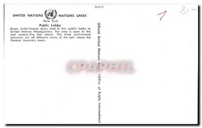 Lobby pubblico — Sede delle Nazioni Unite — New York — Ufficio Informazioni Pubbliche — Verso