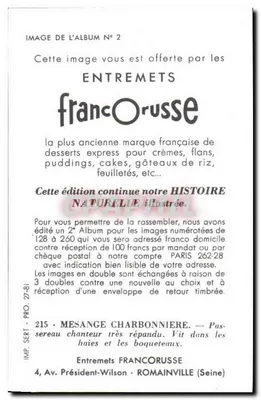 Mésange charbonnière — seria 215 — Entremets Francoruisse — Rewers