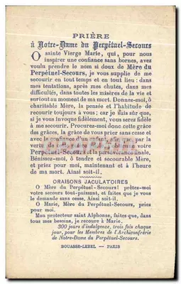 Notre-Dame du Perpétuel Secours — image miraculeuse vénérée à Rome — éditeur BOUASSE-LEBEL, 29 rue St-Guillaume, Paris — Verso