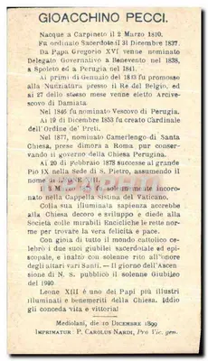 Pape Léon XIII — retrato ornado de lírios — editor P. Carolus Nardi, número de série não visível — Verso