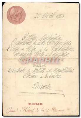 Menu do Grand Hôtel de la Minerve em Roma — 20 Abril 1903