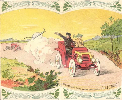Carro elétrico com pneus "L'Electric" — propaganda para a Sociedade Industrial dos Telefones — 1904