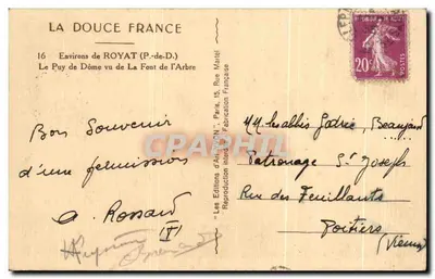 Il Puy de Dôme visto da La Font de l'Arbre — Vicino a Royat (P.-de-D.) — Le Éditions d'Art 'VON' Parigi — Verso