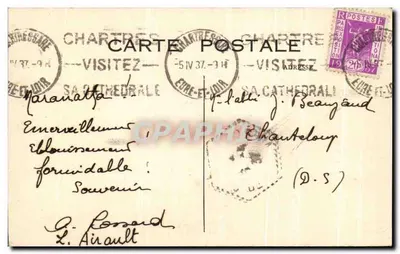 Święta Modesta — Statua przy Wschodnim Portalu Katedry w Chartres — Wewnętrzna reprodukcja autorstwa Cl. E. Houvet — Rewers