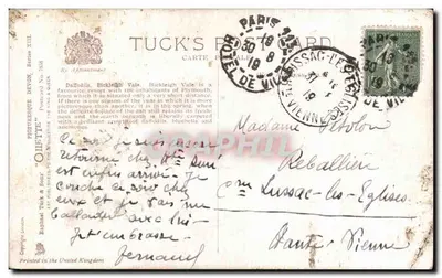 Daffodils, Bickleigh Vale, Devon — widok lasowy z kobietą w czerwonej sukni — Tuck's Postcard, seria XIII — Rewers