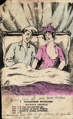 Couple dans un lit — scène de la carte postale 'Gauloiseries Françaises' — éditeur APJ