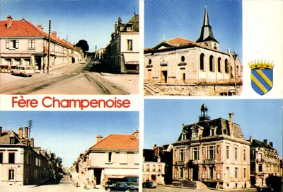 Fère Champenoise — vista da cidade com igreja, prefeitura e ruas — Impressor Combier, n° 51.248.00.0.1495