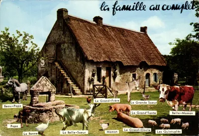 A família completa — animais de fazenda em frente a uma casa de pedra com telhado de colmo — Pierre Artaud & Cie, Nantes