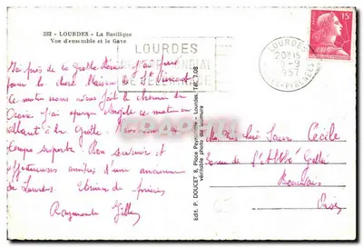 Lourdes — Bazylika i rzeka Gave — Edit. P. Doucet — Rewers