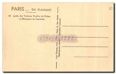 Jardim das Tuileries — Pavilhão de Rohan e Monumento de Gambetta — Les Éditions d'Art Yvon, Paris — Verso