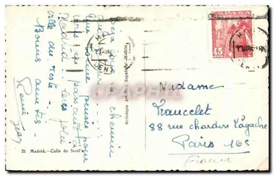 Stara pocztówka Madryt, ulica Seville — Rewers