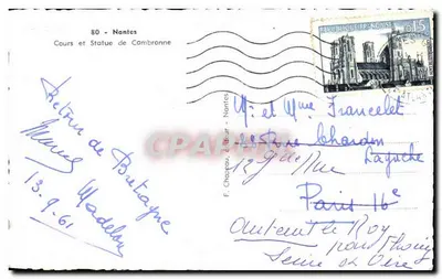 Nantes - Cours e Estátua de Cambronne — F. Chapeau, editor, série 80 — Verso