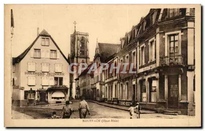 Rouffach (Haut-Rhin) — vista de rua com padeira e igreja — J. Kuhn, editor