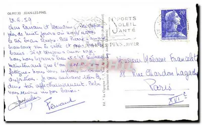 Juan-les-Pins — vista panorâmica e cenas de praia — Ed. 'La Cigogne' n° 6.997.30 — Verso