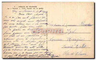 Abpia Solesmes — «Prieuré», fasada na ogród — wydawca nieznany — Rewers