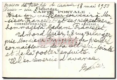 Dom Petit-Ris Casimira — ulica Ehlanger — Karta pocztowa datowana 18 maja 1950 — Rewers