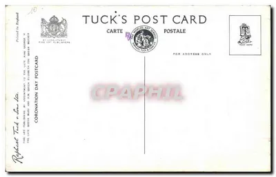 La regina e il duca di Edimburgo in ginocchio per la comunione — scena nell'abbazia di Westminster durante l'incoronazione di Sua Maestà la regina Elisabetta, il 2 giugno 1953 — Tuck Card — Verso