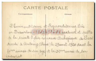 S.E. o Cardeal AMETTE, Arcebispo de Paris — J.H. editor — Verso