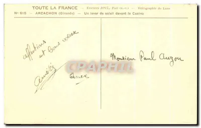 Arcachon — Wschód słońca przed Kasynem — Wydawnictwo JOVÉ, Pau (b.p.) — Rewers