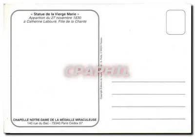 Estátua da Virgem Maria — Aparecimento em 27 de novembro de 1830 com Catherine Labouré, Filha da Caridade — Editor G. Pédau, Paris — Verso