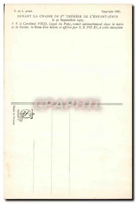 Diante da caça de Santa Térèsa da Criança Jesus — S.E. o Cardeal Vico, Legado do Papa, entrega solenemente a Rosa de Ouro bendita à santa — C. de L. pinxit, Copyright 1925 — Verso