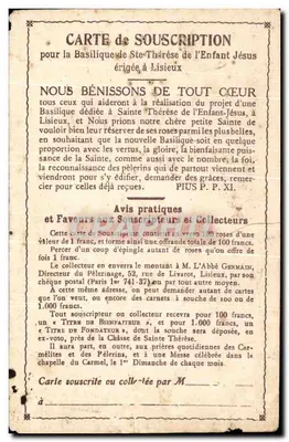 Santa Térèsa da Criança Jesus — Carte de souscription para a basílica de Lisieux — editada por M. L'Abbé Germain — Verso