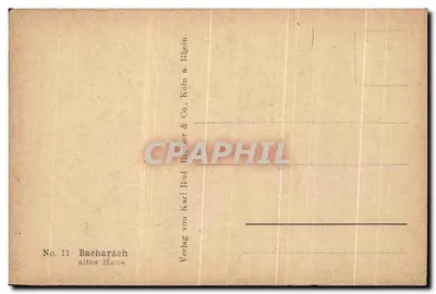 Stare domy w Bacharach — obraz R. Mennweg — wydawca Breuer & Co. Köln — Rewers