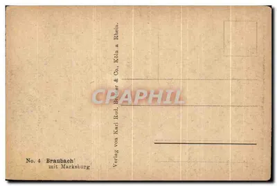 Braubach z Marksburgiem — widok panoramiczny wsi i zamku na wzgórzu — wydawca Karl Rud. Brauer & Co., Köln a. Rhein — Rewers