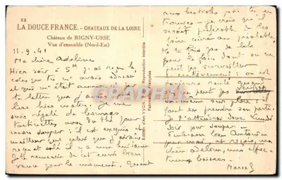 Cartolina d'epoca La Dolce Francia Castelli della Loira Castello di Rigny Usse Vista generale — Verso