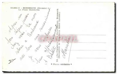 A Praça Gambetta — Bordeaux — Ed. La Cigogne, n° 33.999.12 — Verso