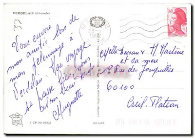 Verdelais — vista aérea, estátuas, igreja e cruz — Impressor Combier — Verso