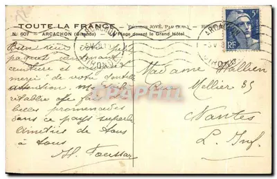 Arcachon — Plaża przed Wielkim Hotellem — Éditions Jové, n° 607 — Rewers