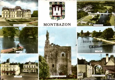 Montbazon — vista panorâmica com castelo, torre de menagem, rio e portas — Edições Artaud Père & Fils, Nantes