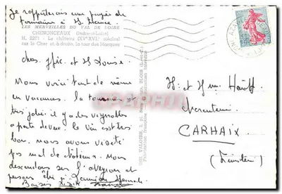 Zamek Chenonceau — nad rzeką Cher i, po prawej stronie, wieża Marques — Édit Valoire, nr 3 — Rewers