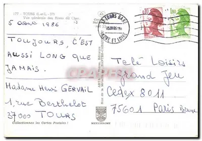 Tours — Vista geral das margens do Cher — editor Artaud frères — Verso