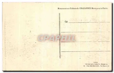 Monumento aos Crianças de CRAZANNES Mortas pela Pátria — Edição artística R. Bergevin, 65 Rue des Merciers, La Roche — Verso